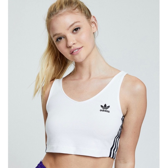 NWOT adidas White Cropped Tank Top with Signature Black 3-Stripes Women’s Size S - Picture 2 of 6